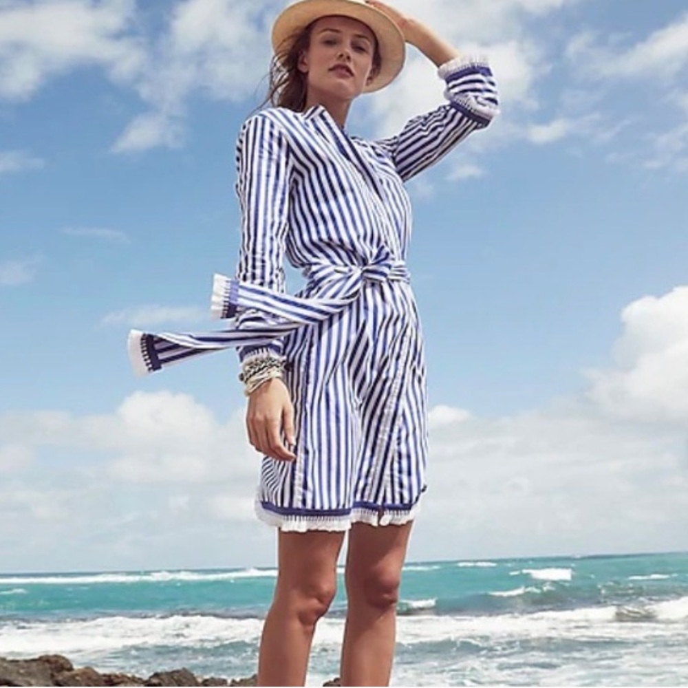 J. Crew Striped Belted Shirt Dress with Fringe